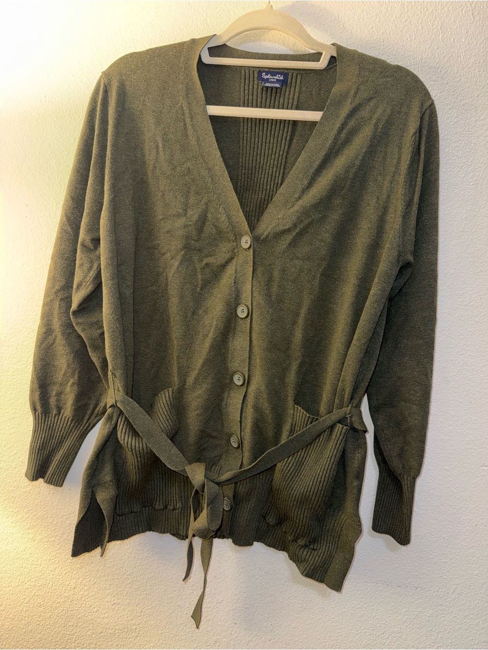Splendid Olive Green Button-Front Belted Cardigan